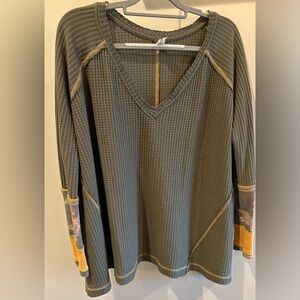 We The Free Olive Long Sleeve Top with Yellow Accents